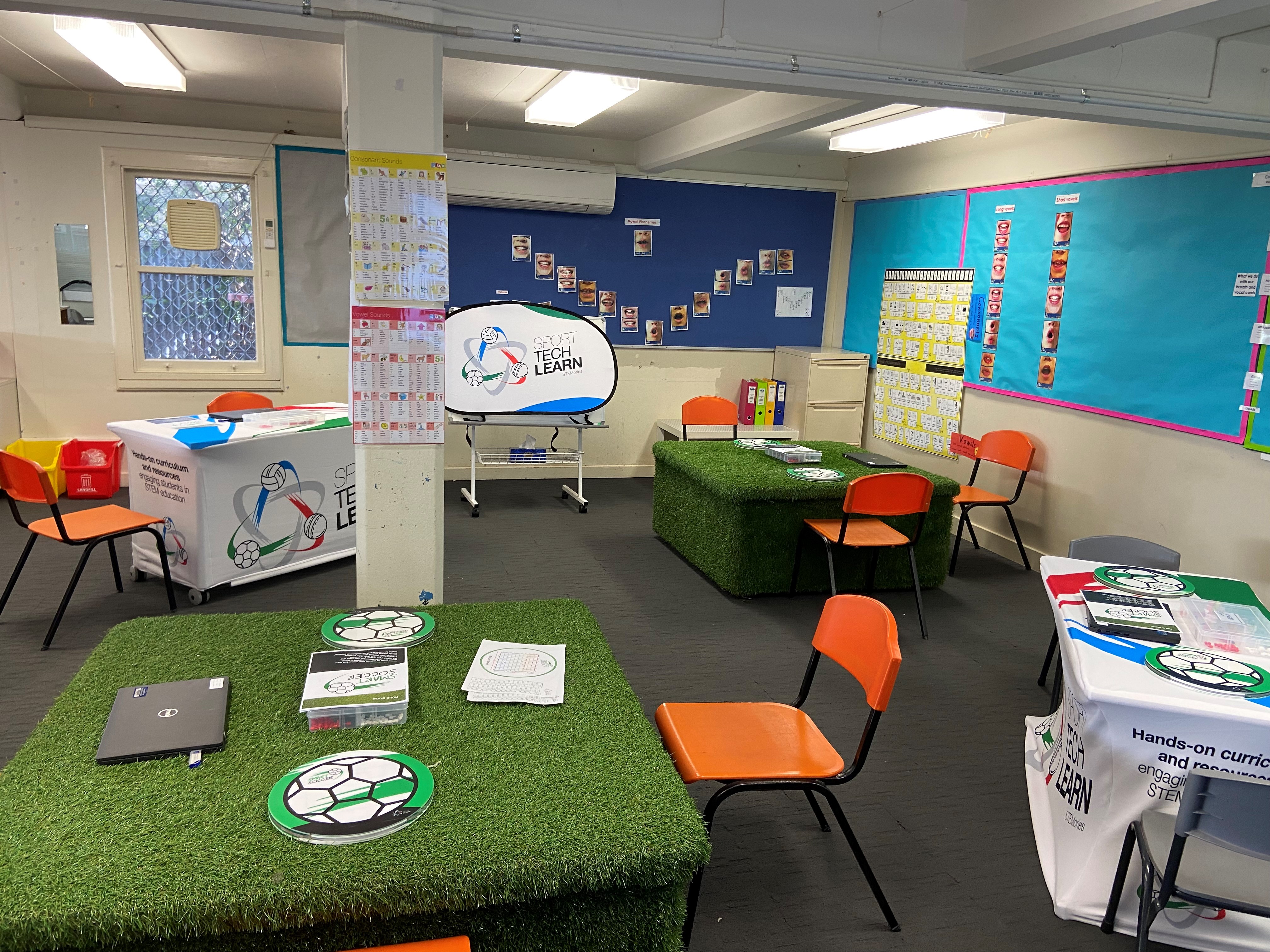 Classroom set up with Smart Soccer stations ready to run